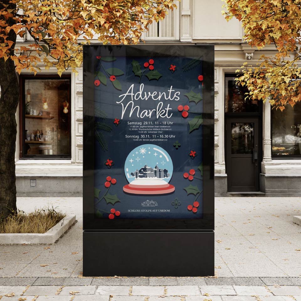 Plakat zum Adventsmarkt 2025 vom Schloss Stolpe